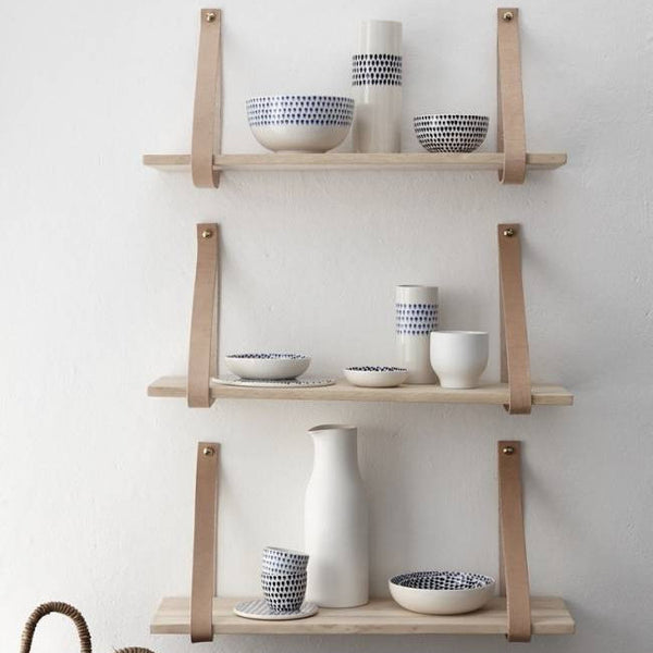 Hübsch houten Wandplank met leren hanger